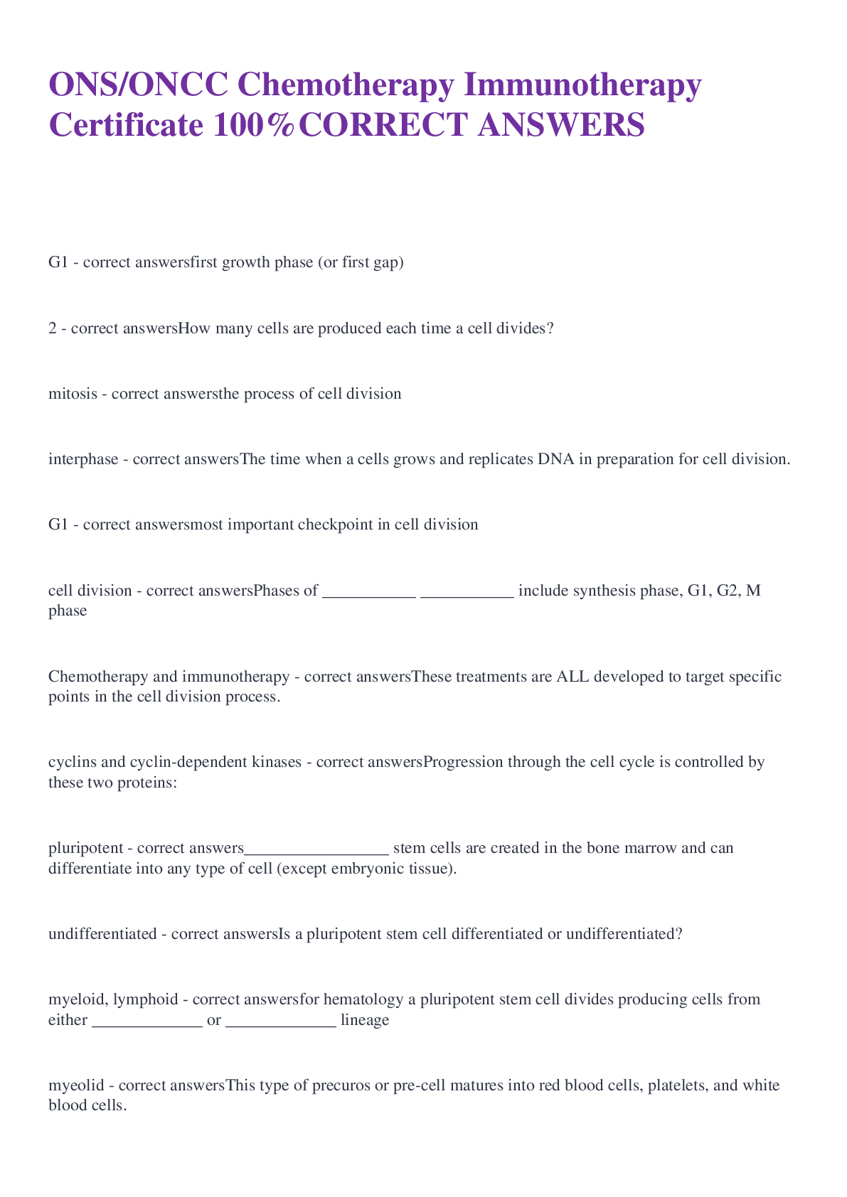 Preview image for ONS/ONCC Chemotherapy Immunotherapy Certificate 100%CORRECT ANSWERS